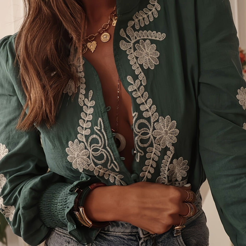Women's Floral Embroidered Blouse — Green & White Color-Block Stand Collar with Lantern Sleeves