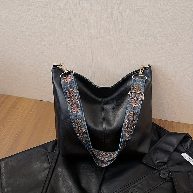 DISSEFA-TECH Women's Bucket Bag with Wide Floral Strap — Small Crossbody Shoulder Bag with Zipper & Polyester Lining, Removable Strap, Brown/Black