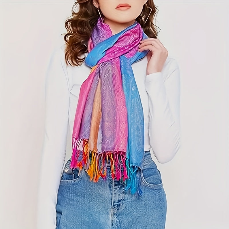 Bohemian Jacquard Paisley Scarf Rainbow Gradient Tassel Shawl - Warm Women's Wrap