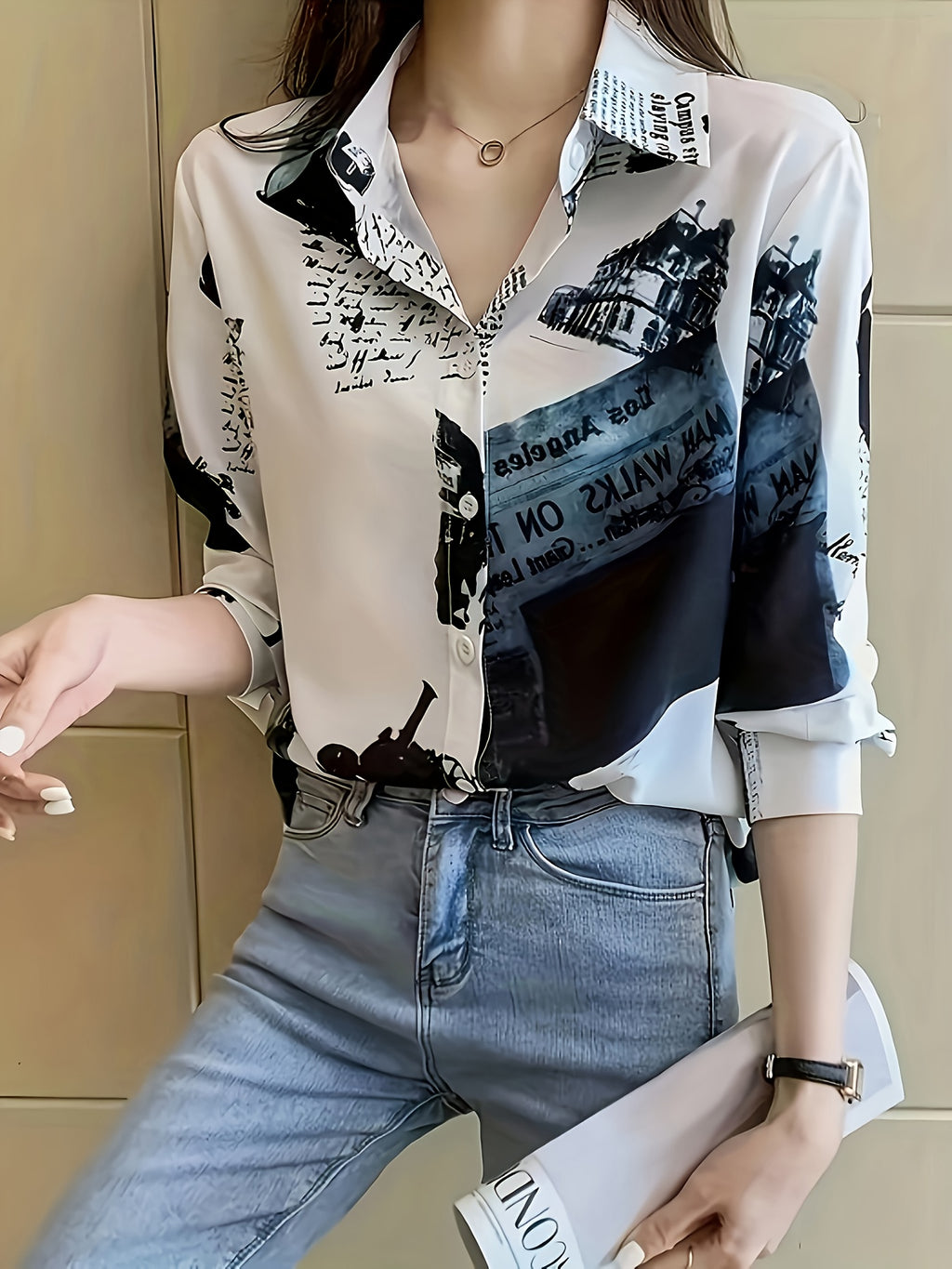 Women's Letter Print Button-Up Blouse - Long Sleeve Collared Polyester Shirt, Machine Washable