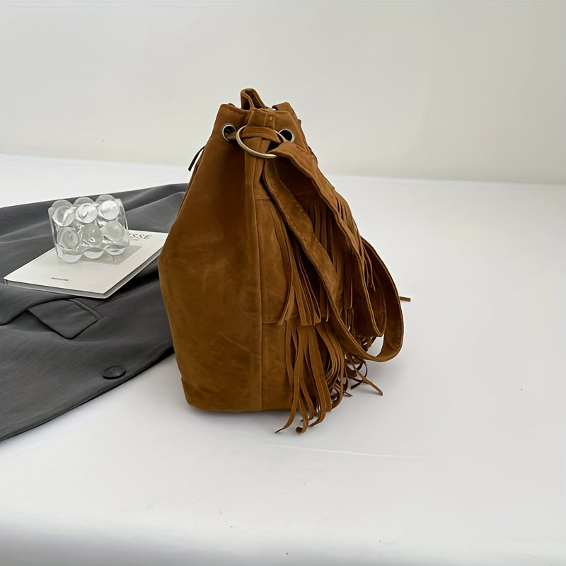Women's Corduroy Bucket Bag with Tassel - Adjustable Foldable Crossbody Shoulder Bag, Magnetic Closure, Minimalist Urban Travel Purse (Khaki, Light Brown, Black)
