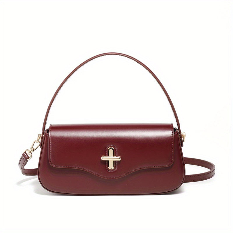 Women's Genuine Leather French Baguette Handbag – Minimalist Gold Hardware, Crossbody & Shoulder Purse