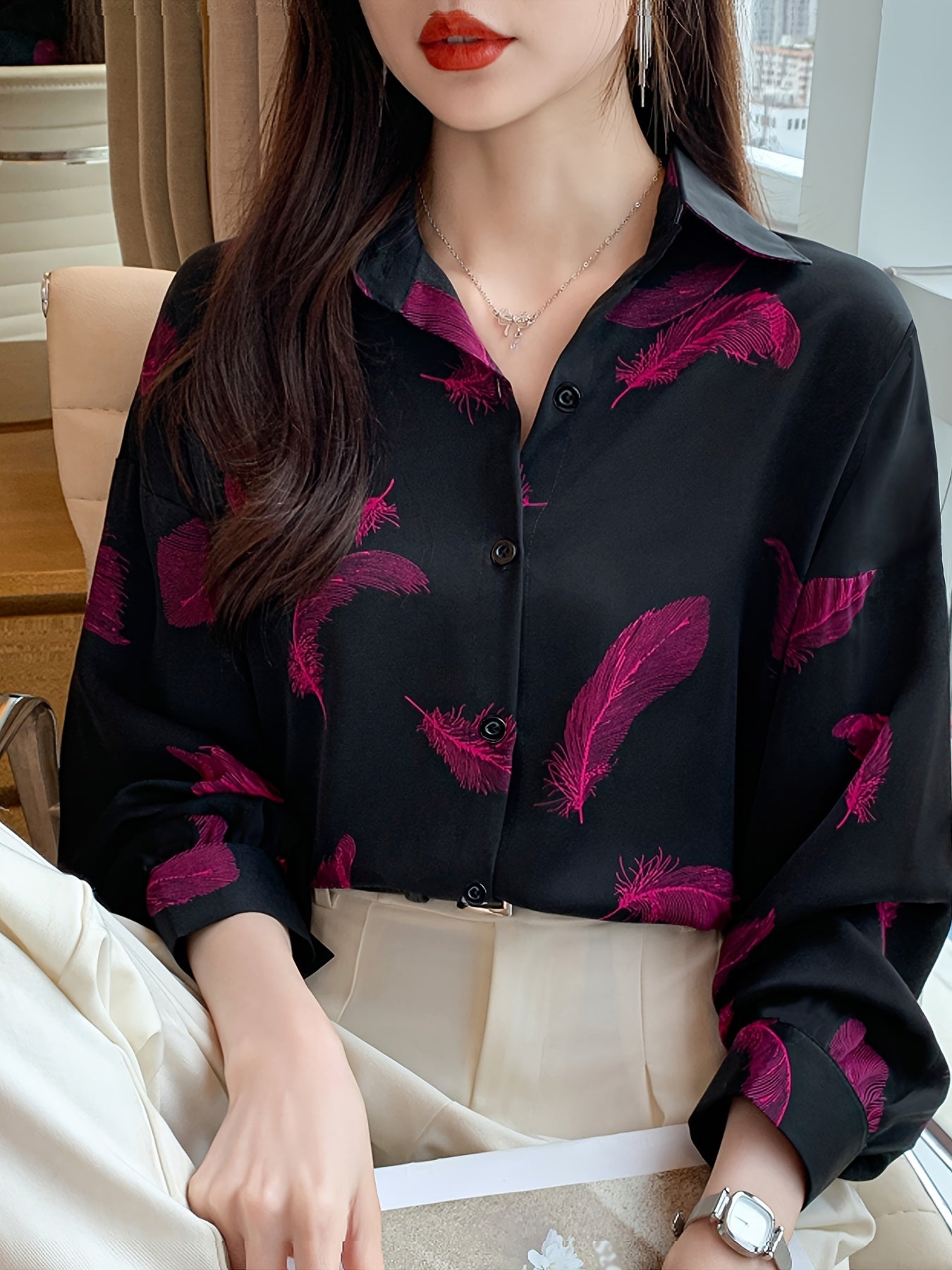 Women's Vintage Feather Print Long Sleeve Polo Shirt - Loose Fit Lapel Collar Blouse