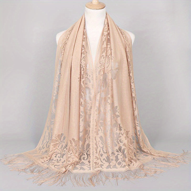 Floral Lace Tassel Scarf Shawl for Women - Bridal Mesh Fringe Wrap for Wedding & Evening