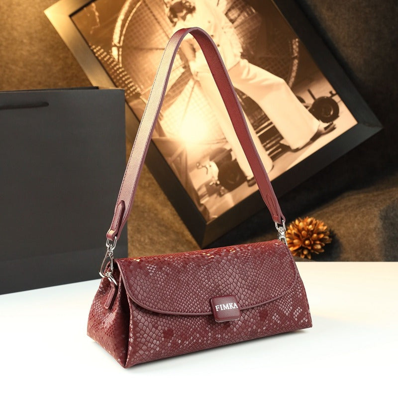 Elegant Snake-Print Baguette Crossbody Bag — Detachable Strap & Wristlet, Split Leather