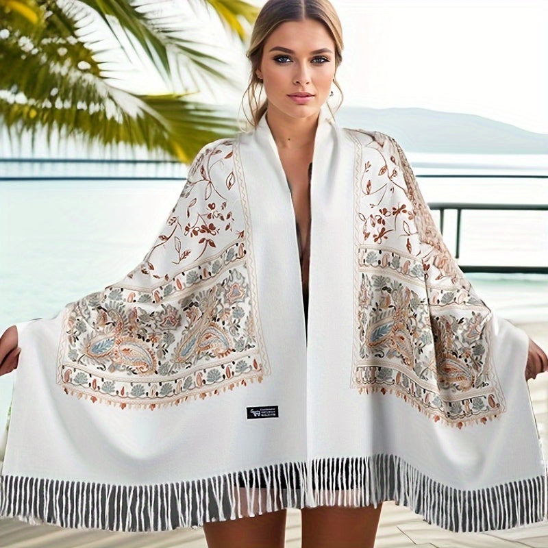 Bohemian Embroidered Floral Cashmere Scarf Shawl – Vintage Large Ethnic Wrap for Spring & Autumn