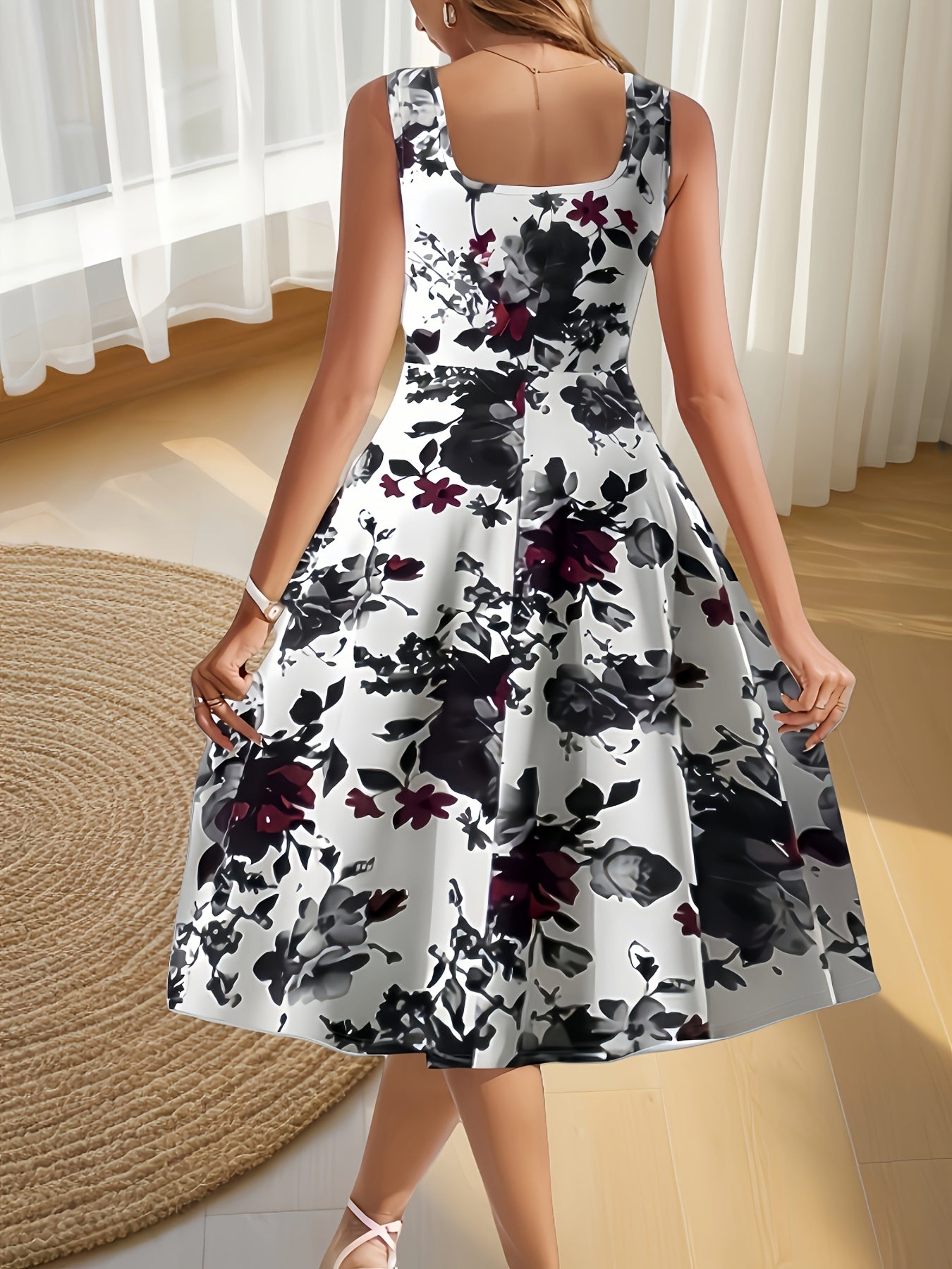 Women's A-Line Floral Dress – Sleeveless Square Neck Knit Polyester Blend, Black & White Rose Print, Spring/Summer