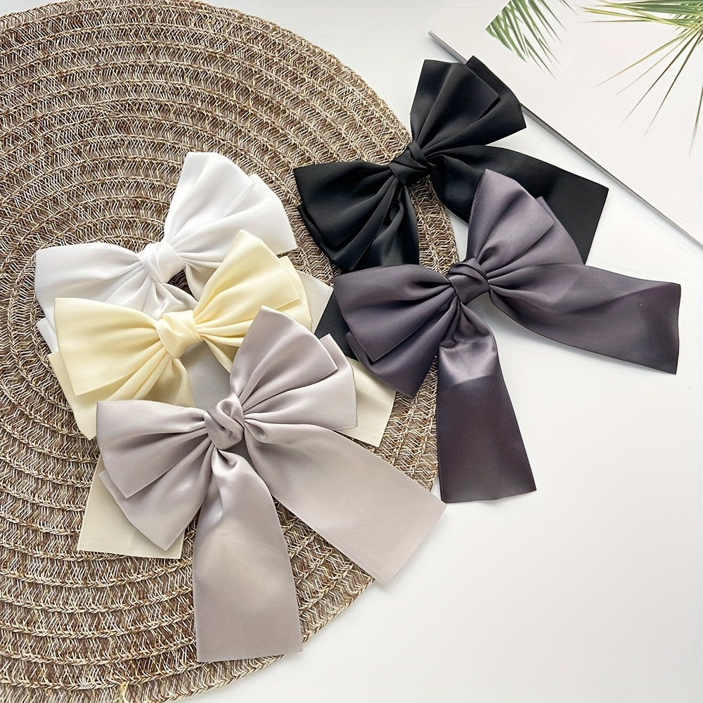 5-Pack Satin Fabric Bow Hair Clips for Women & Teens – Solid Color Crocodile Clip Set, Elegant Christmas Hair Bows