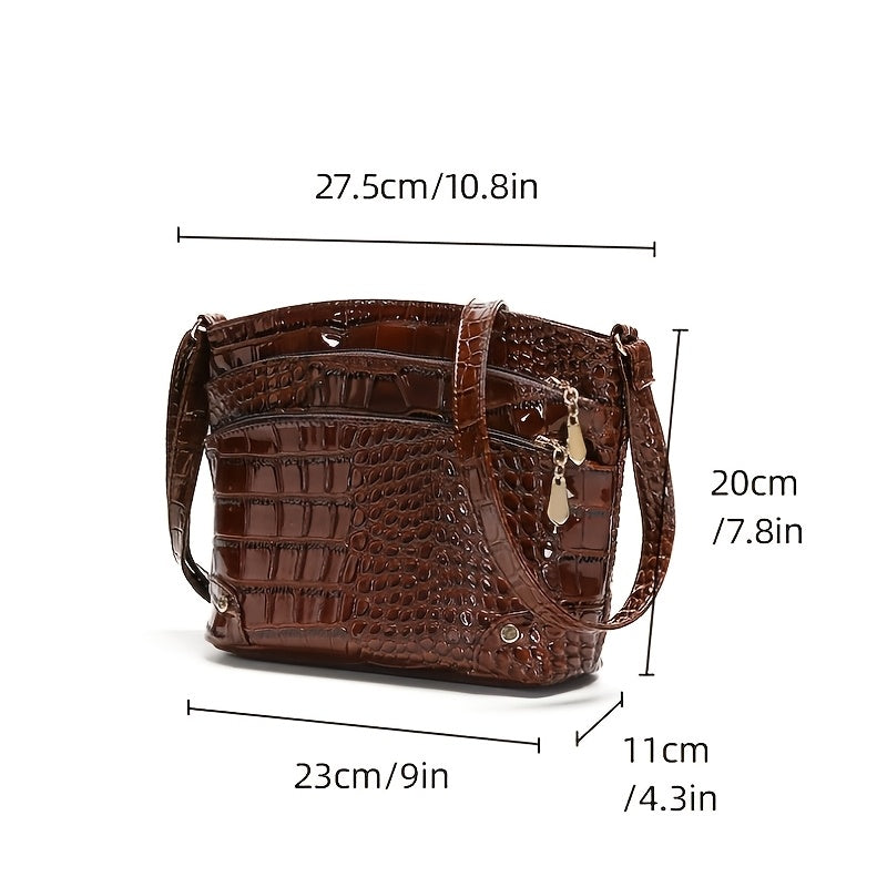 Crocodile Pattern PU Women's Shoulder & Crossbody Bag - Multi-Layer Large Capacity Bucket Bag