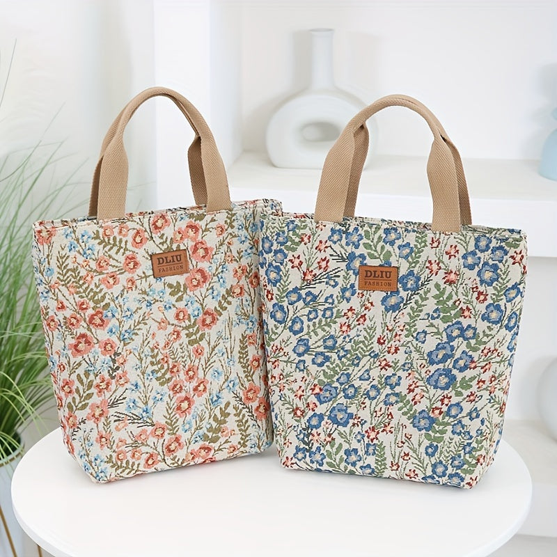 DLIU Vintage Floral Nylon Bucket Handbag – Large Capacity Foldable Tote with Zipper & Back Pocket, Sturdy Shoulder Straps (Red/Blue)