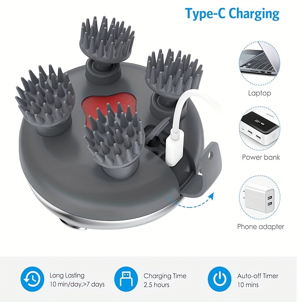 USB Rechargeable Hanging Rope Scalp Massager – 5-in-1 Kneading, 96 Massage Nodes, Handheld Portable Head Scratcher & Deep Hair Cleaner, Silvery