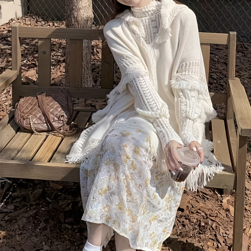 White Boho Fringe Shawl for Women – Lightweight Polyester Wrap, Breathable Sun-Proof Cover-Up for Spring & Autumn