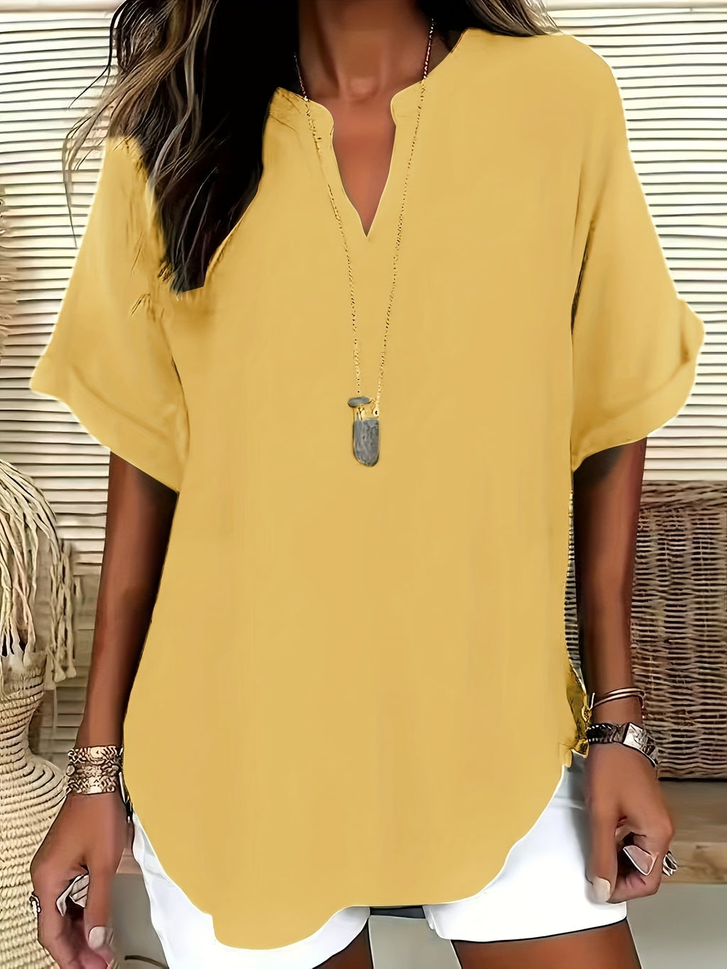 Plus Size V-Neck Blouse - Women's Short Sleeve Loose Batwing Top with Flared Hem, Stretchy Casual Shirt