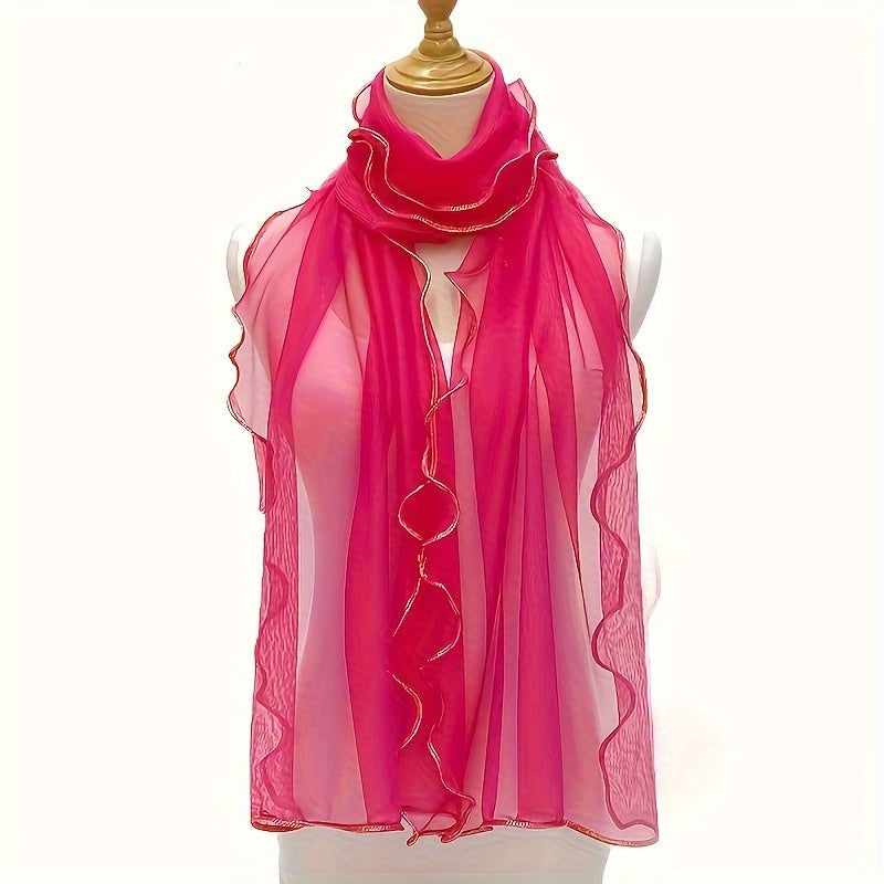 Bohemian Ruffle Edge Scarf — Long Lightweight Breathable Shawl with Glitter Accents, Sun Protection Wrap for Women