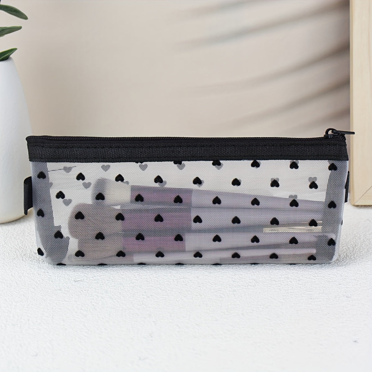 Women's Clear Travel Makeup Organizer Bag - Mesh Cosmetic & Toiletry Pouch with Heart Design & Brush Holder