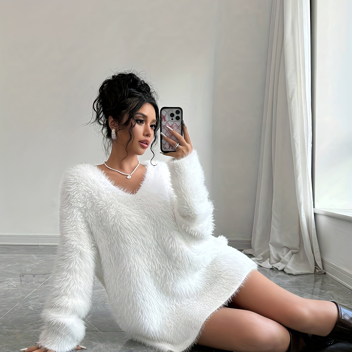 Women's V-Neck Knit Sweater Dress – Elegant Loose Solid Color Party Dress for Fall/Winter