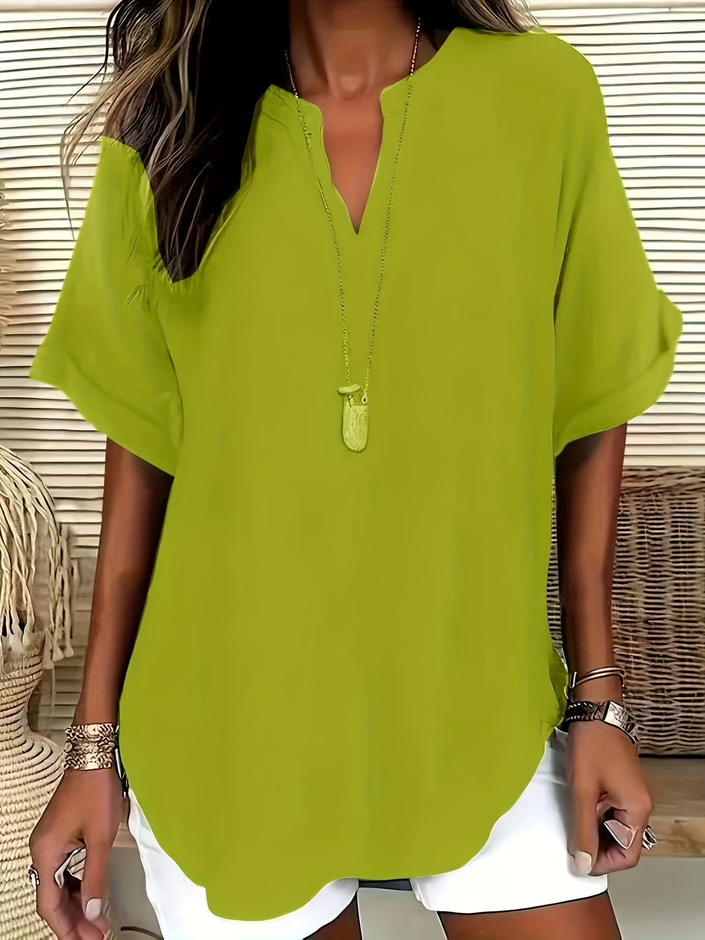 Plus Size V-Neck Blouse - Women's Short Sleeve Loose Batwing Top with Flared Hem, Stretchy Casual Shirt