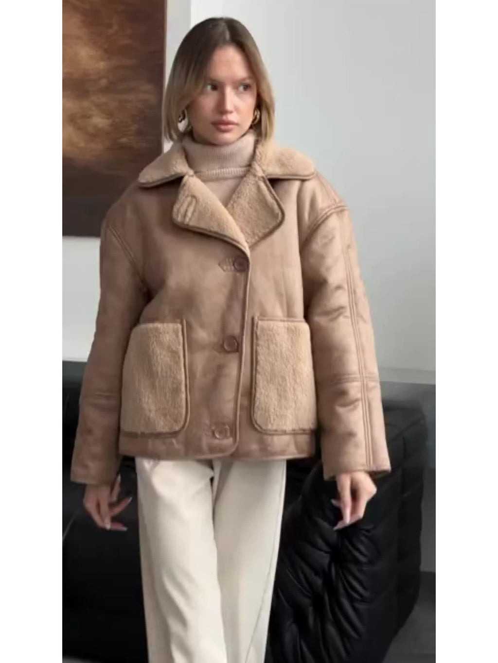 Women’s Cream Faux Fur-Lined PU Leather Jacket — Thick Winter Coat with Turtleneck, Asymmetrical Hem & Side Pockets