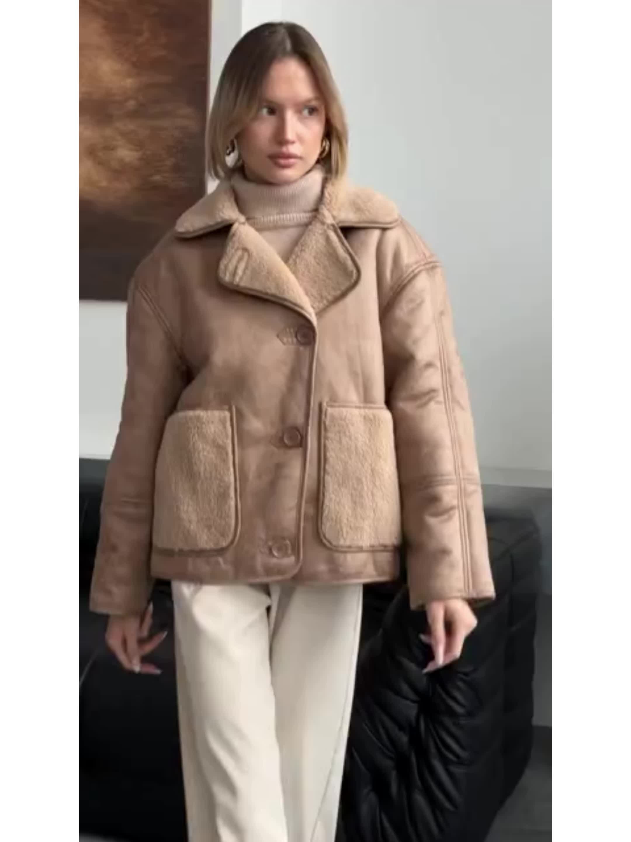 Women’s Cream Faux Fur-Lined PU Leather Jacket — Thick Winter Coat with Turtleneck, Asymmetrical Hem & Side Pockets