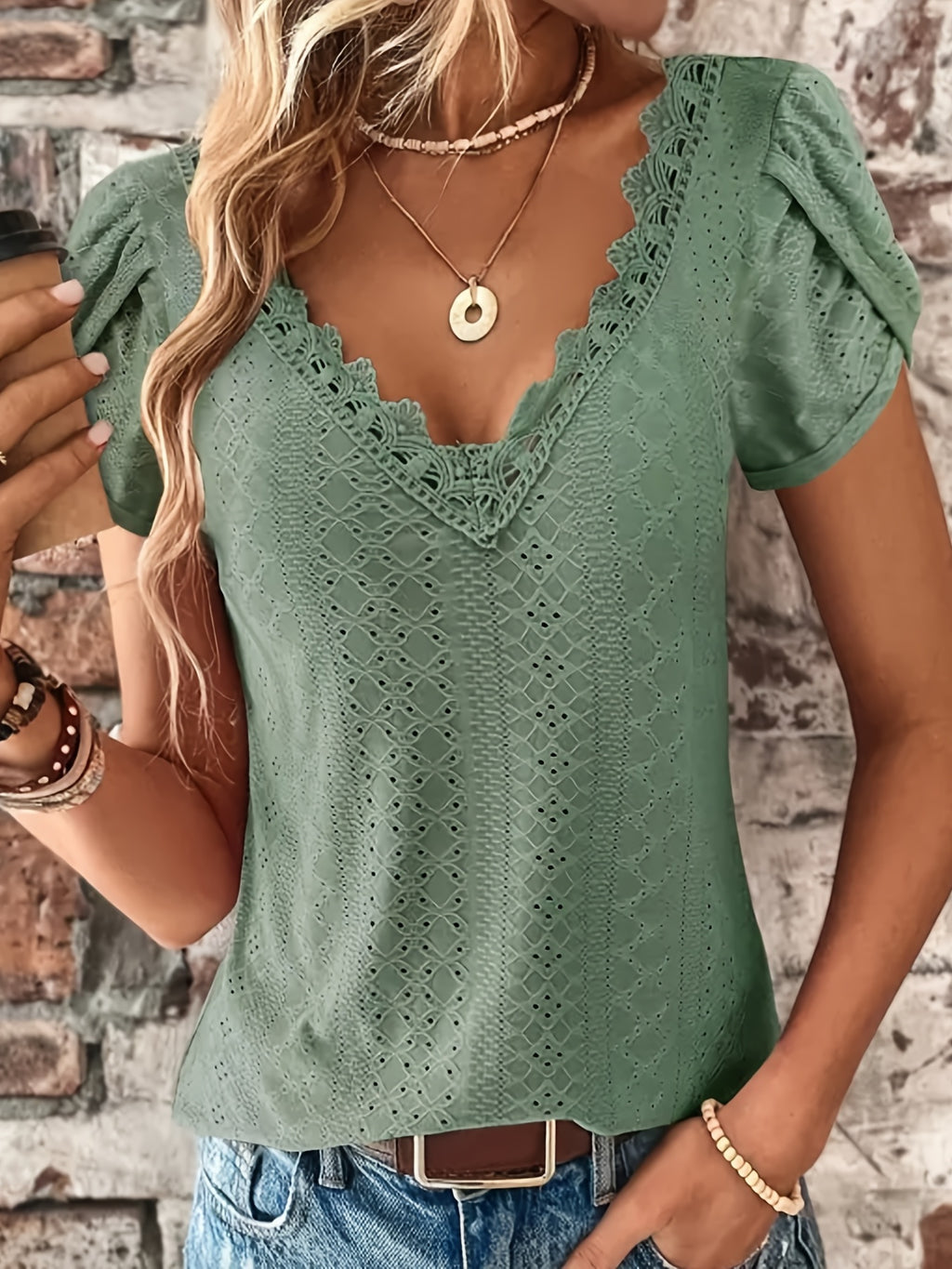 Elegant Women's Lace V-Neck Top — Petal Short Sleeves, Lightweight Summer Blouse
