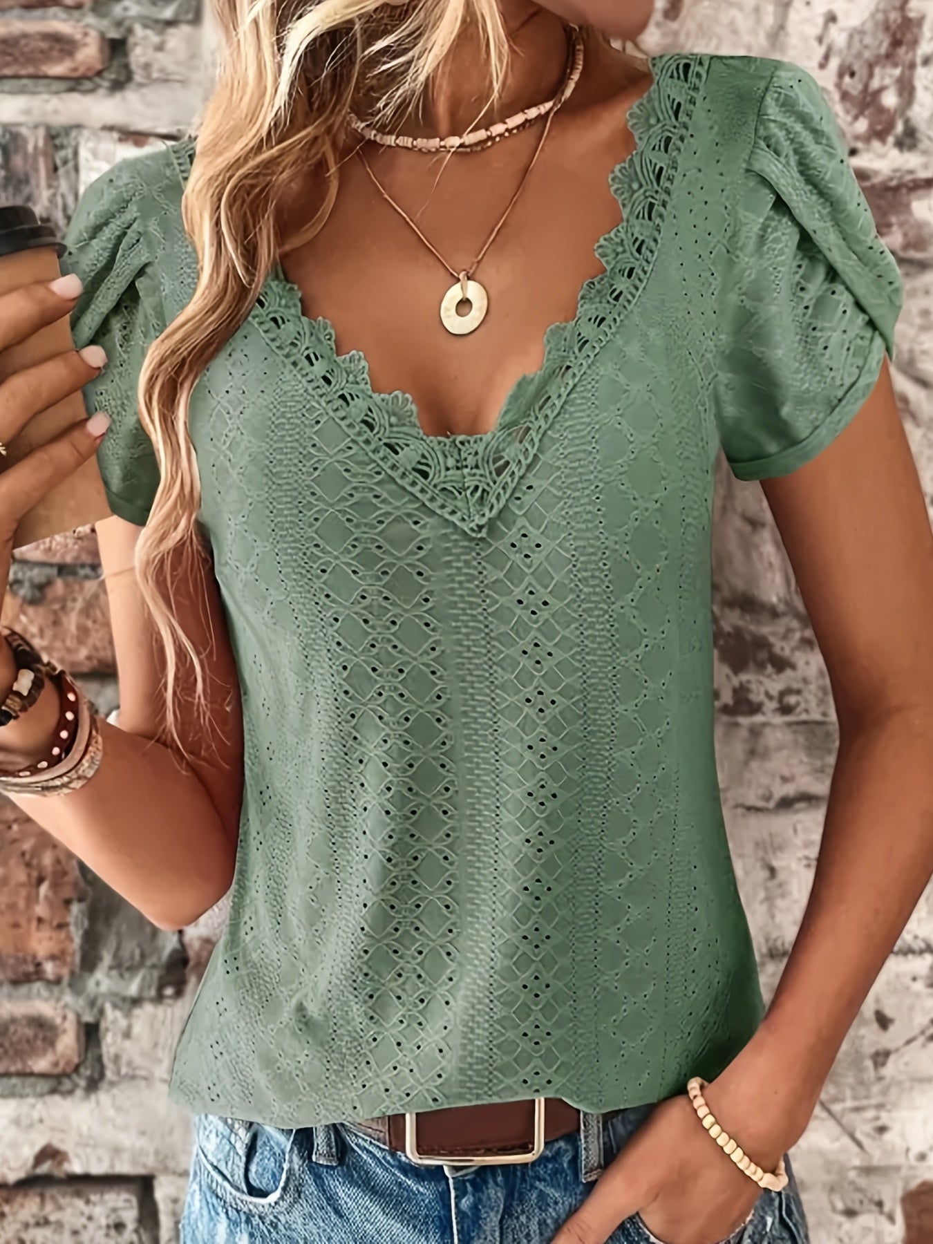 Elegant Women's Lace V-Neck Top — Petal Short Sleeves, Lightweight Summer Blouse