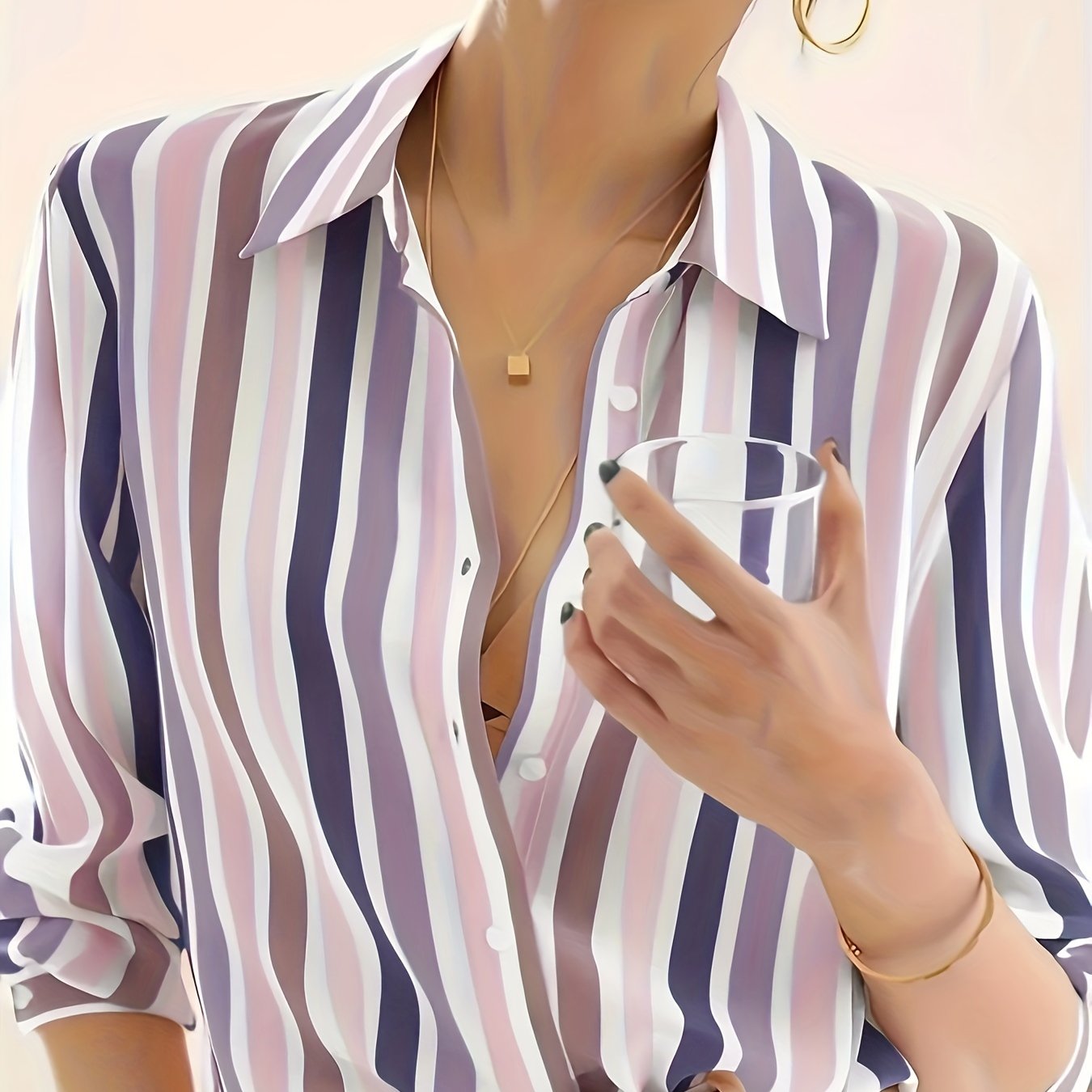 Women's Black & White Vertical Striped Button-Up Shirt — Lightweight Polyester Long Sleeve Collared Top