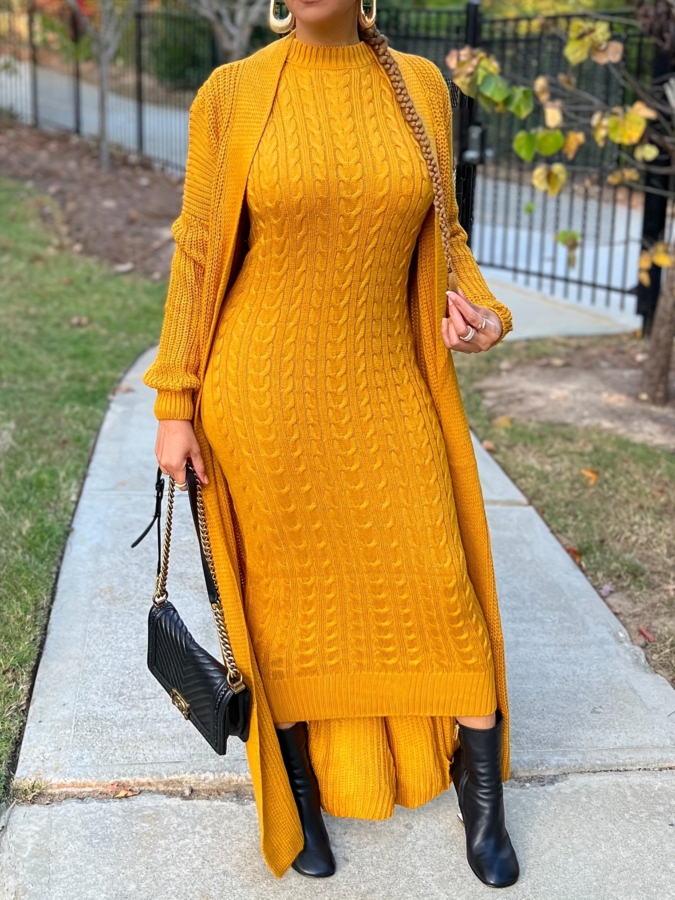 Round Neck Twist Corduroy Sweater Dress — Long Sleeve Knit, 100% Acrylic
