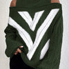 Plus Size Off-Shoulder High-Neck Cable Knit Sweater, Grey & White Striped Pullover, Machine Washable