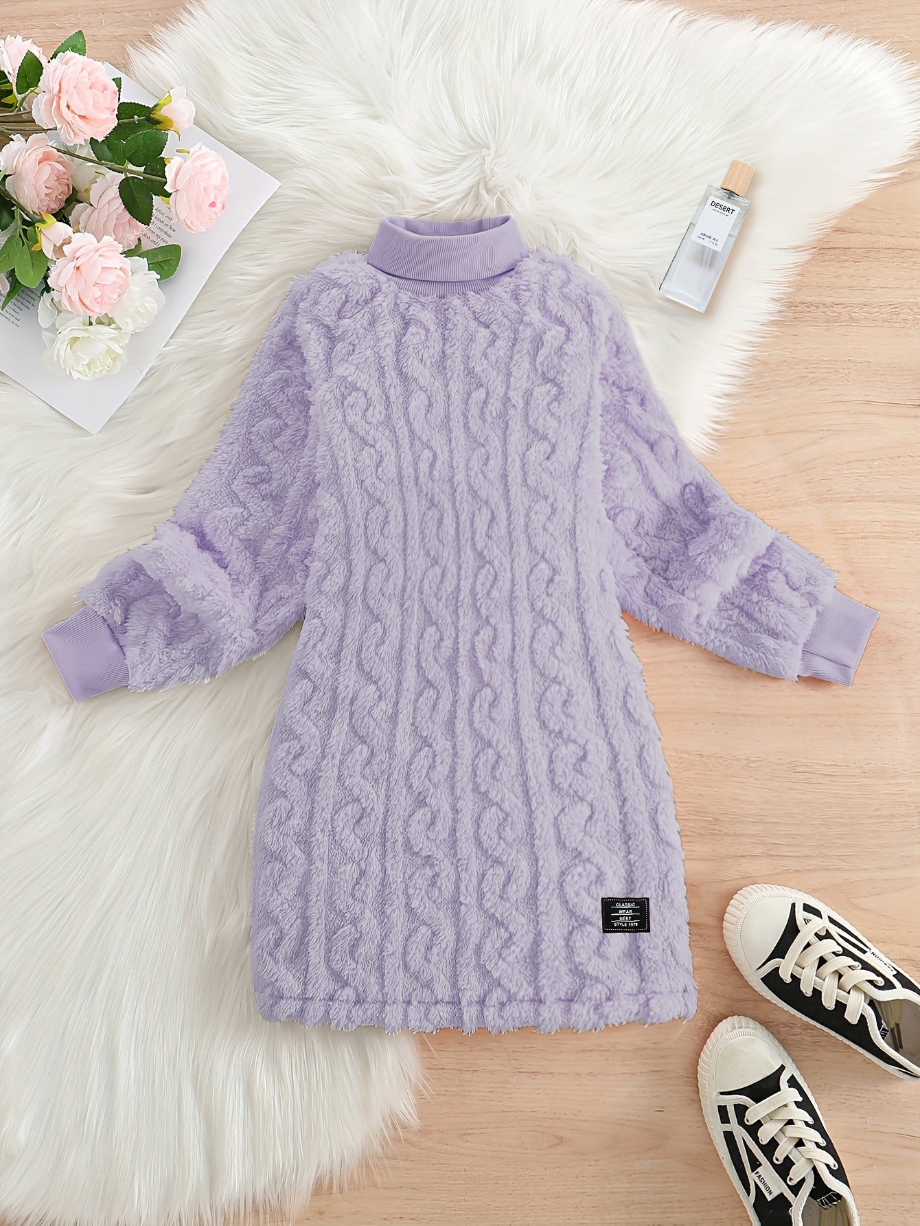 Girls' Mustard Yellow Fleece Cable Knit Dress - Long Sleeve Casual Fall/Winter, Machine Washable