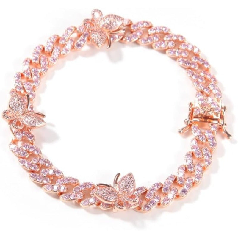 925 Sterling Silver Cuban Link Bracelet 18K Gold Plated with Butterfly Pendants & Lab Moissanite Accents – Elegant Gift for Valentine’s Day & Parties