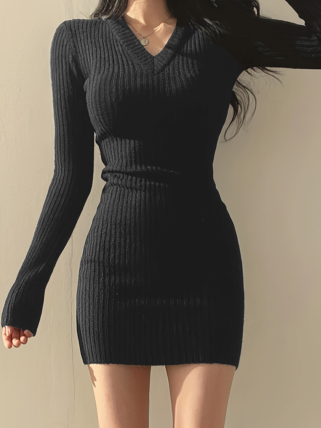 Women's Elegant V-Neck Knit Sweater Bodycon Dress - Long Sleeve Fall Winter