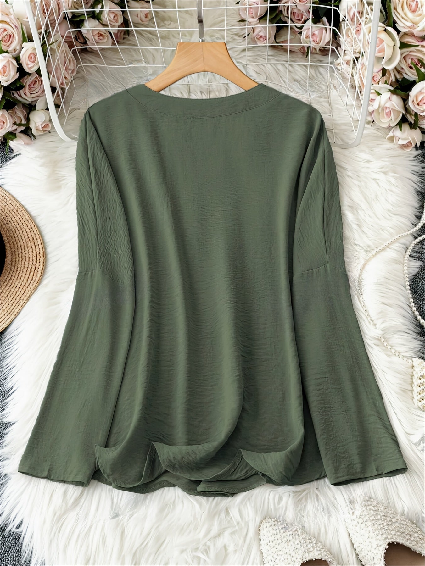 Women's Olive Green V-Neck Loose Fit Blouse - Long Sleeve Drop Shoulder Casual Polyester Top