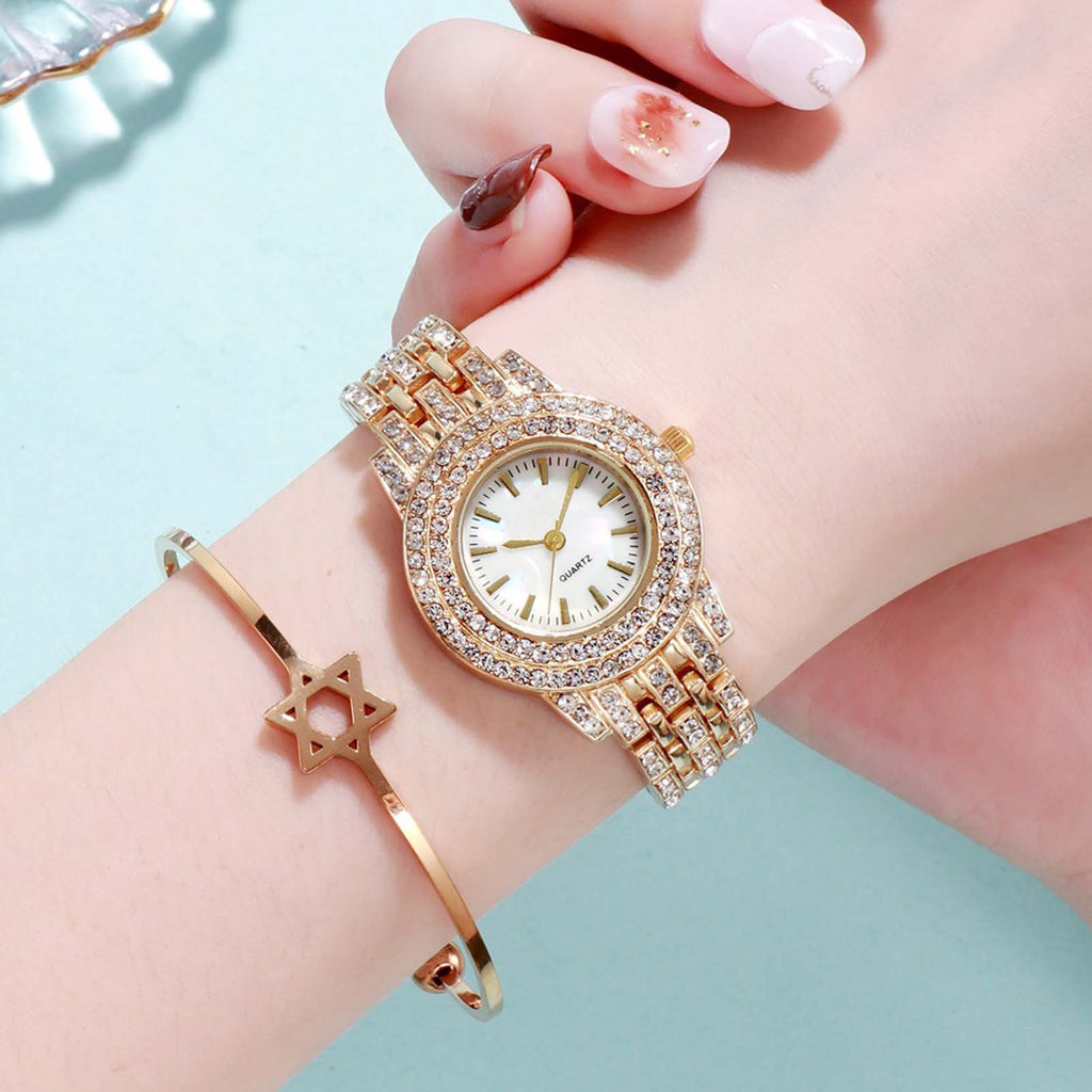Elegant Women's Rhinestone-Embellished Alloy Watch with Star Charm Bracelet – Round Mechanical Fashion Watch