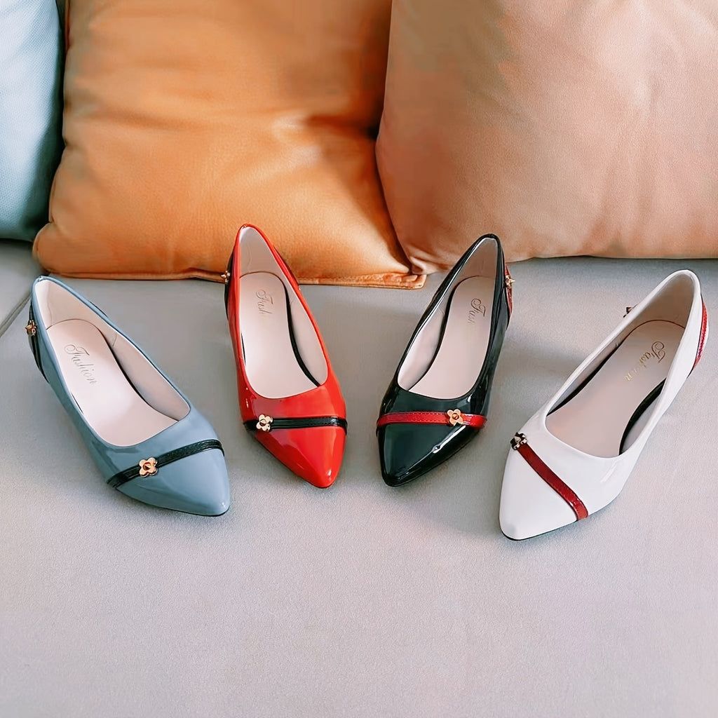 Women's Black Pointed-Toe Pumps with Floral Accent | Chunky Block Mid Heel, Comfortable Insole — All-Season Dress Shoes