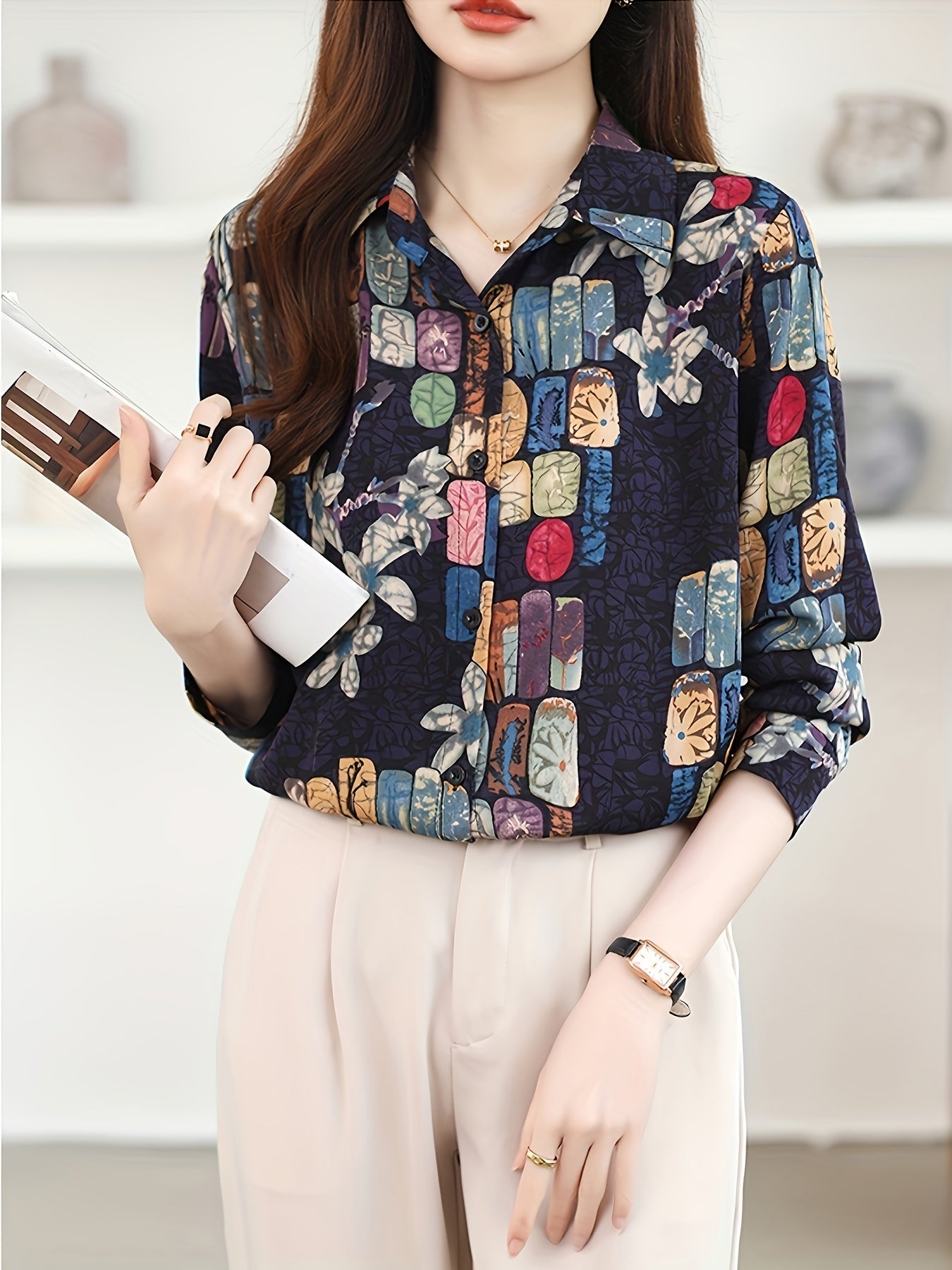 Floral Lapel Collar Shirt for Women — Flattering Slimming Long-Sleeve Button Blouse, Machine Washable for Spring & Fall