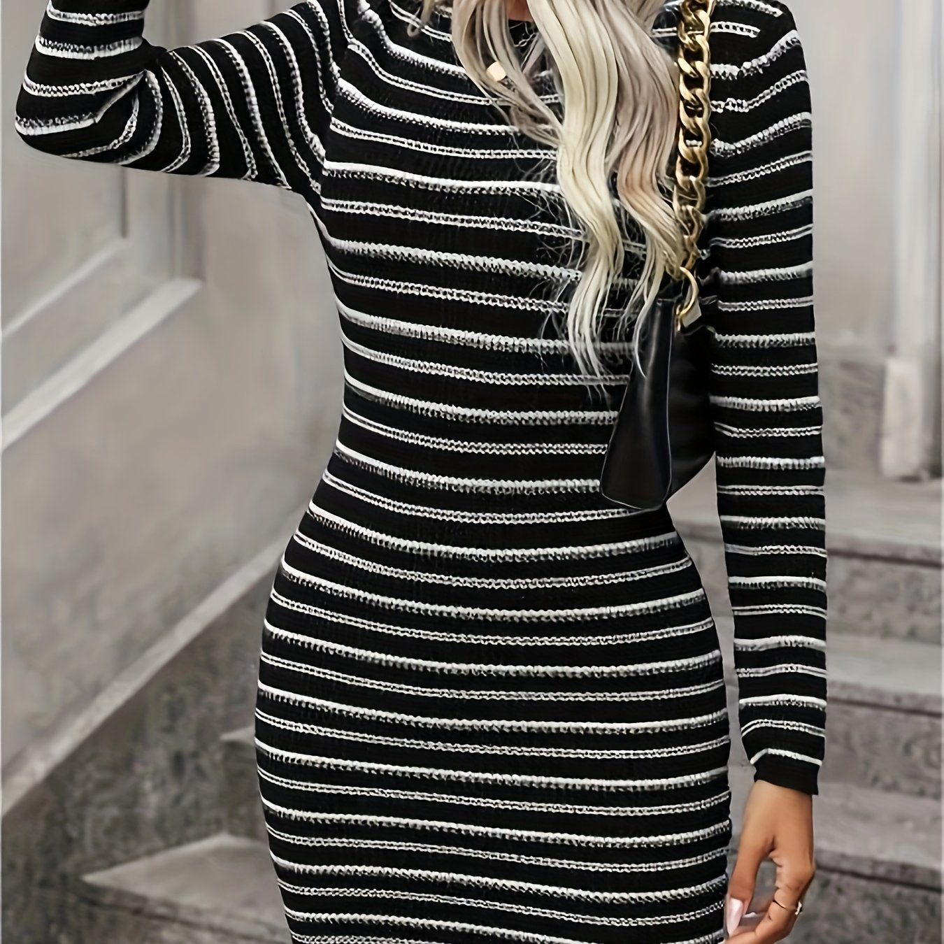 Women's Black & White Horizontal Stripe Sweater Dress – Crew Neck Machine-Washable Pullover for Office to Party