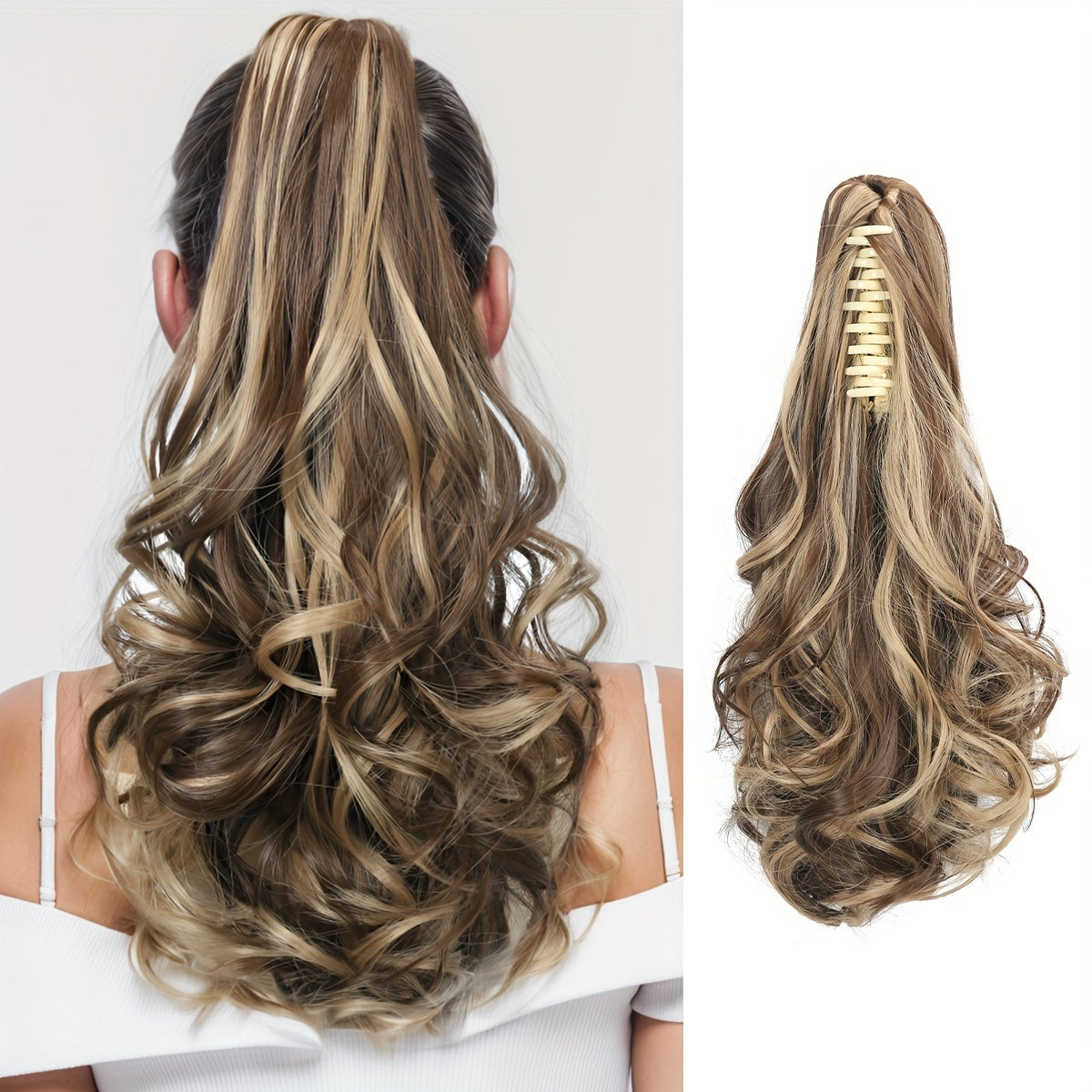 Claw Ponytail Clip-In Long Curly Wavy Synthetic Hair Extension, Heat-Resistant Fiber
