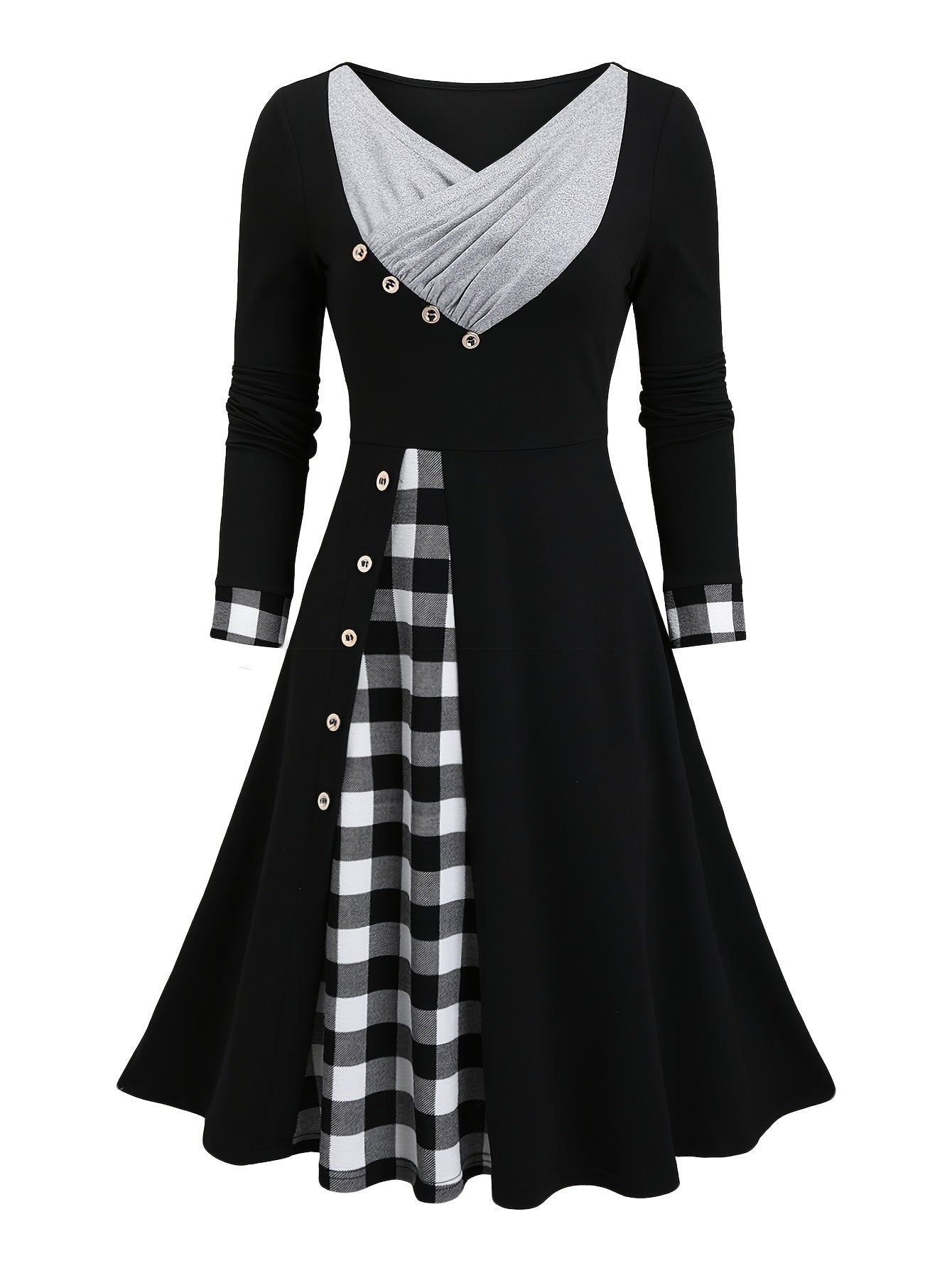 Women's Vintage V-Neck Midi Dress – Plaid Color Block Knit A-Line Pendulum, Polyester-Spandex, Regular Sleeves for Fall/Winter