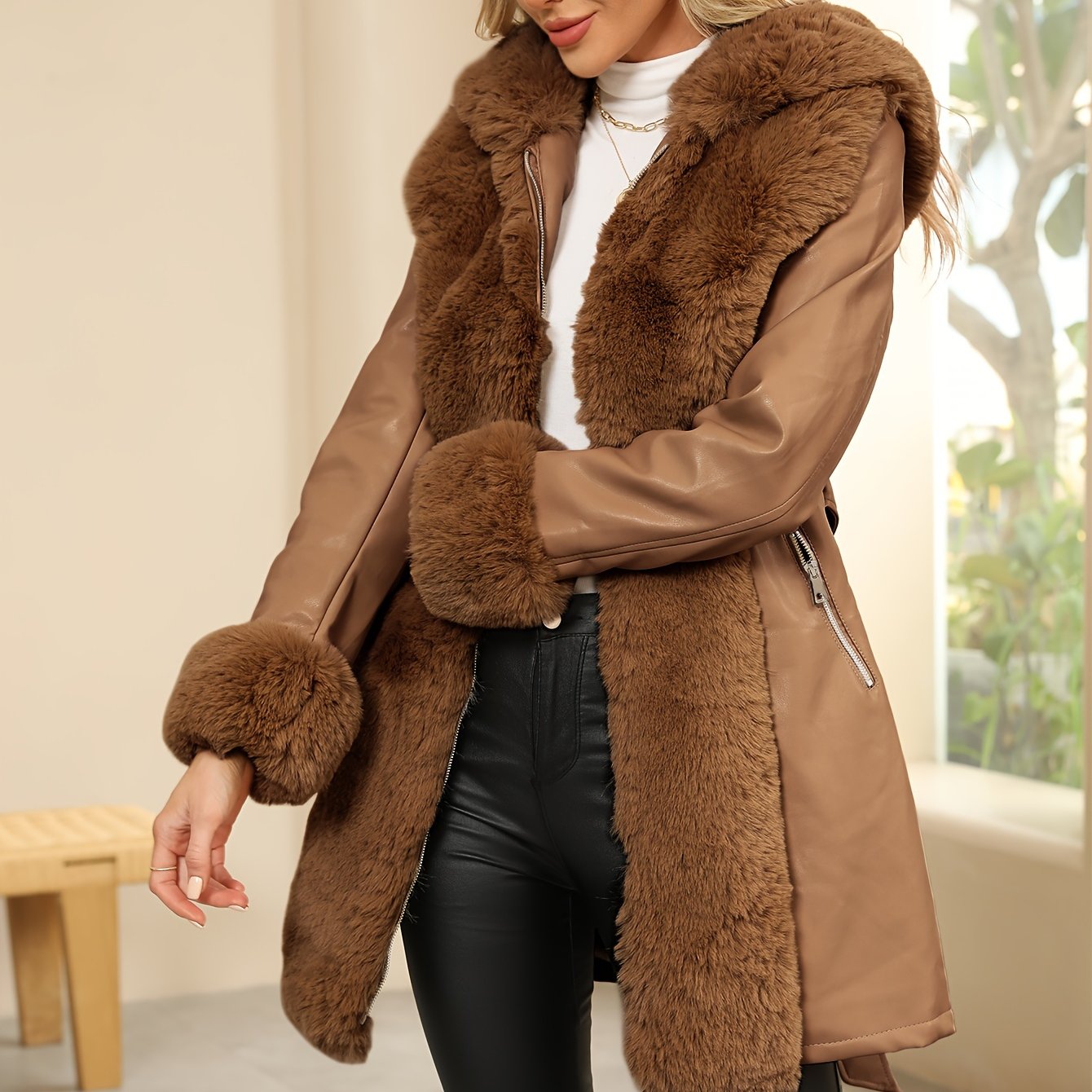 Women's Faux Fur-Trim PU Leather Hooded Coat with Belt - Warm Black Fall/Winter Jacket