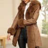 Women's Faux Fur-Trim PU Leather Hooded Coat with Belt - Warm Black Fall/Winter Jacket