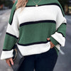 Plus-Size Striped Long Sleeve Knit Sweater – Halter Neck Color Block Pullover (Green, Black & White)