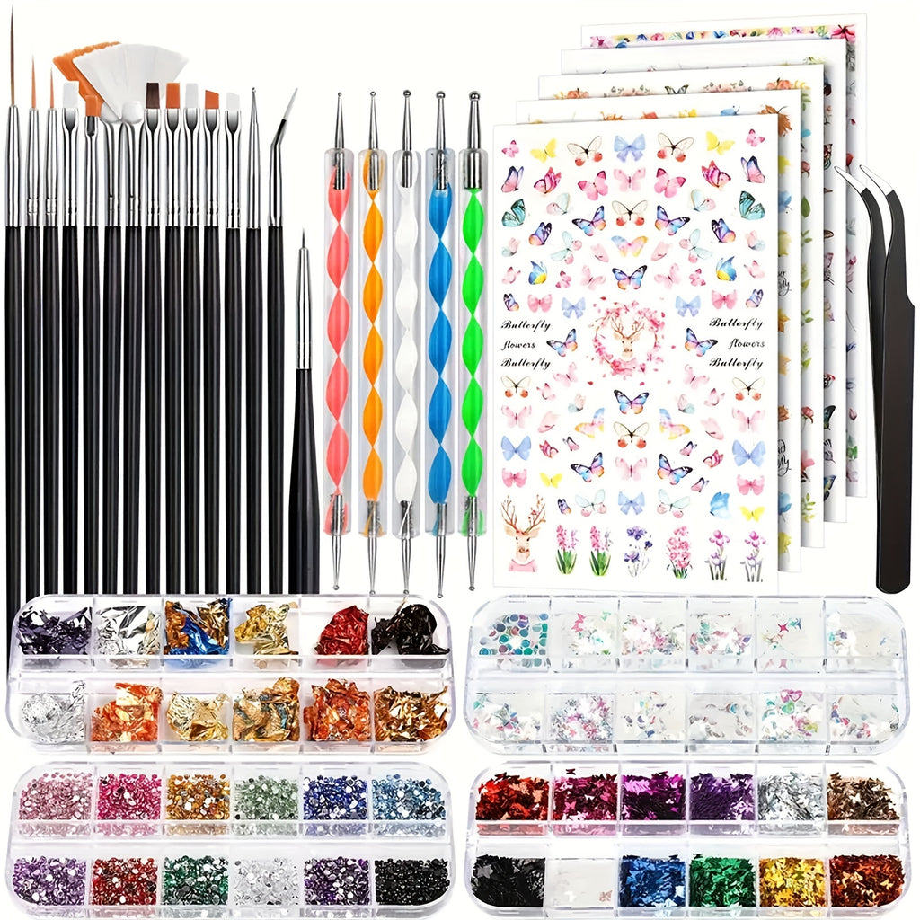 15-Piece Nail Art Brush Set with 5 Dotting Pens, Rhinestones, Sequins, Foils & Tweezers – Nail Design Kit