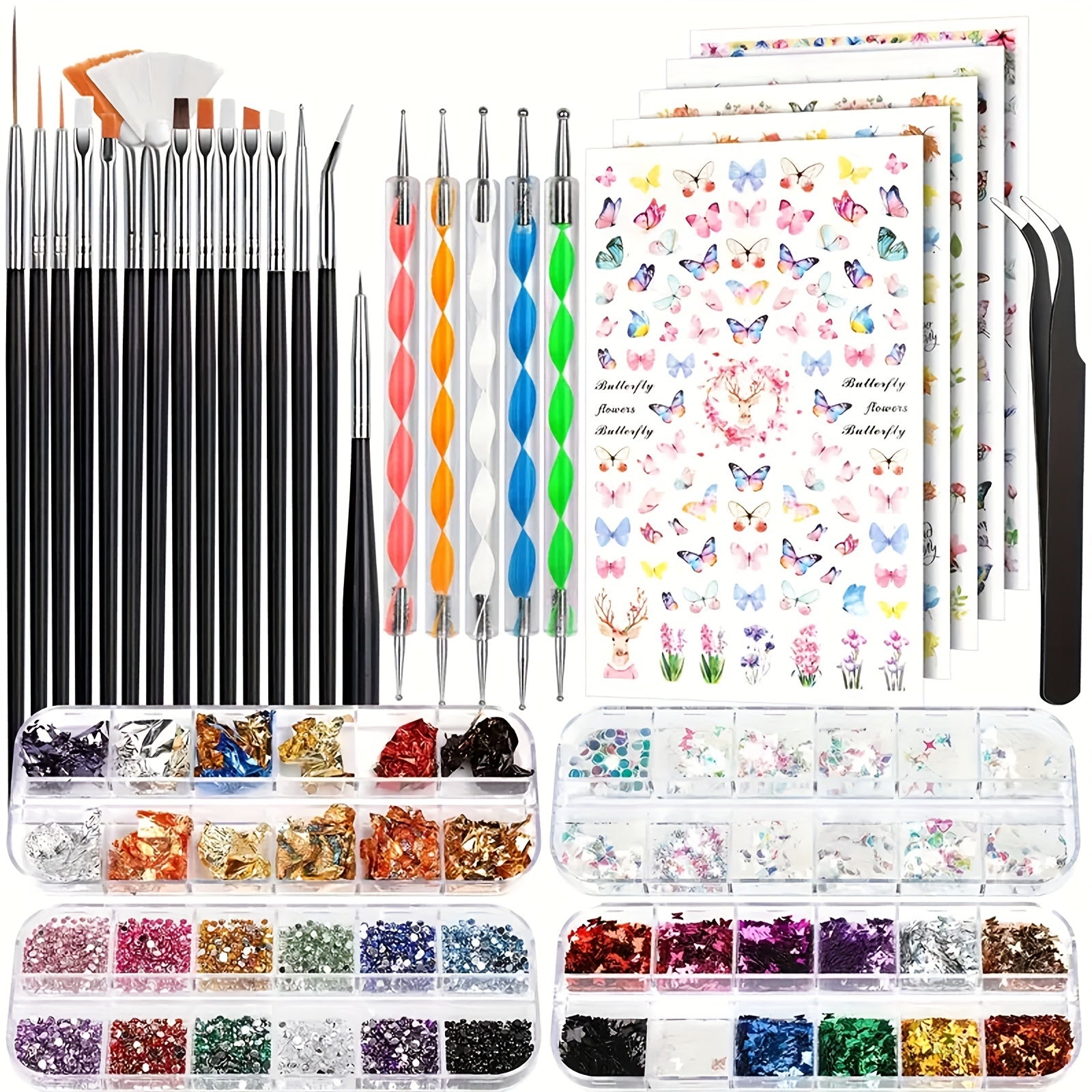 15-Piece Nail Art Brush Set with 5 Dotting Pens, Rhinestones, Sequins, Foils & Tweezers – Nail Design Kit