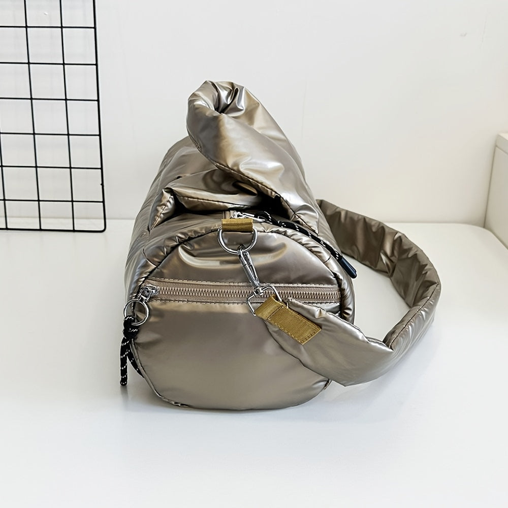 Quilted Puff Bucket Shoulder Bag Large Capacity PU Handbag with Detachable Strap Gold-Tone Hardware Zipper Closure Champagne Black Silver Blue