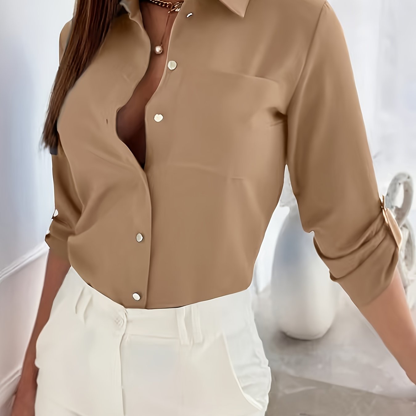 Elegant Women's Solid Button-Up Shirt - Cardigan Collar, 100% Polyester, Machine Washable for Spring/Fall
