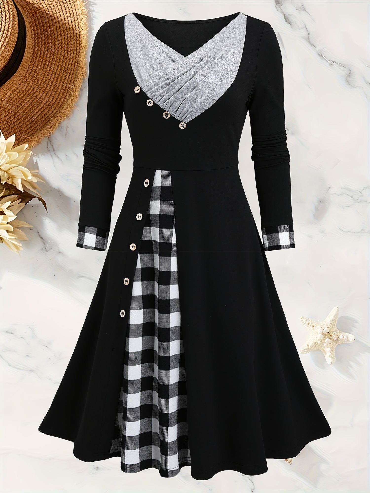 Women's Vintage V-Neck Midi Dress – Plaid Color Block Knit A-Line Pendulum, Polyester-Spandex, Regular Sleeves for Fall/Winter
