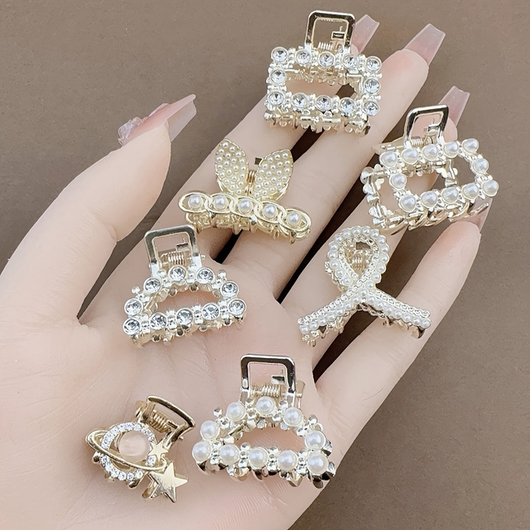 Pearl Hair Clips Set 7/10-Pack – Mini Half-Braided Shark Clips with Imitation Pearls & Rhinestones for Women