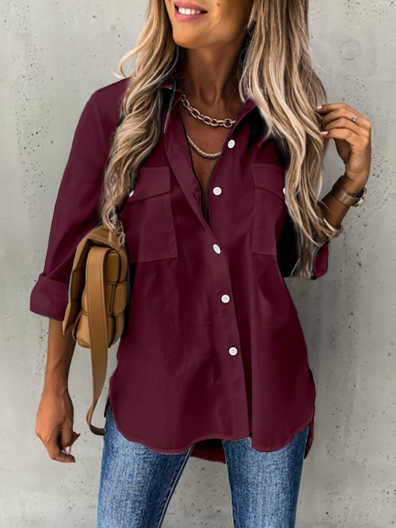 Women's Button-Front Collared Long Sleeve Shirt — Solid Casual Office Blouse