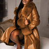Plus Size Women's Purple PU Leather Coat with Faux Fur Collar & Lapel — Long Oversized Winter Jacket, Gold Zipper, Machine Washable
