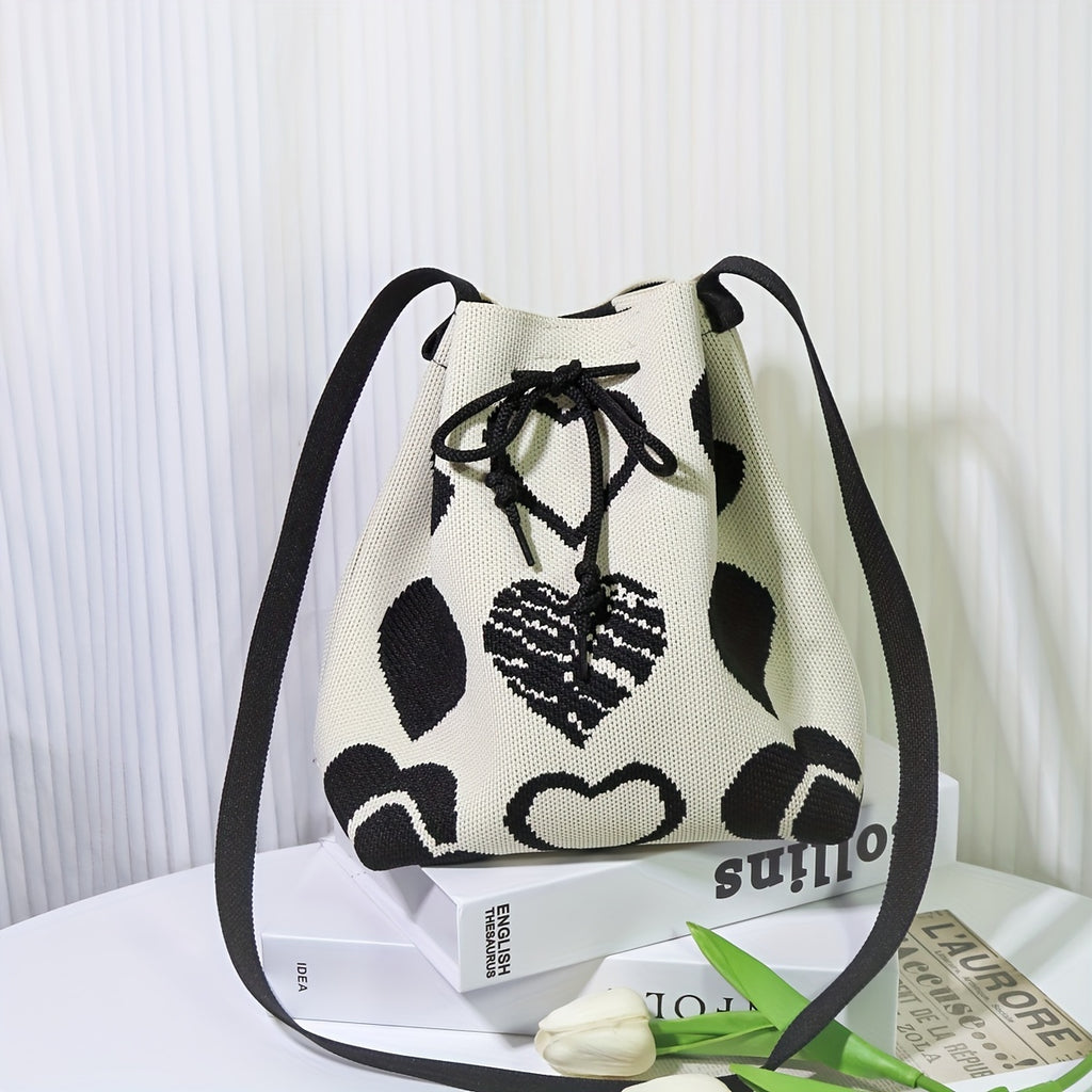 Mini Heart Pattern Bucket Bag - Drawstring Shoulder & Crossbody Handbag